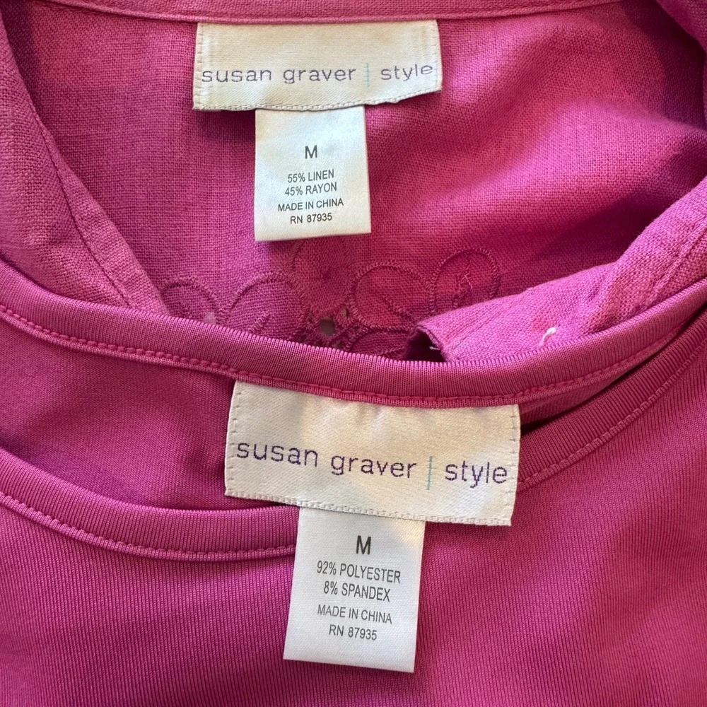 SUSAN GRAVER Cutout Embroidered Top &‎ Matching Tank Set MED Pink Linen Blend